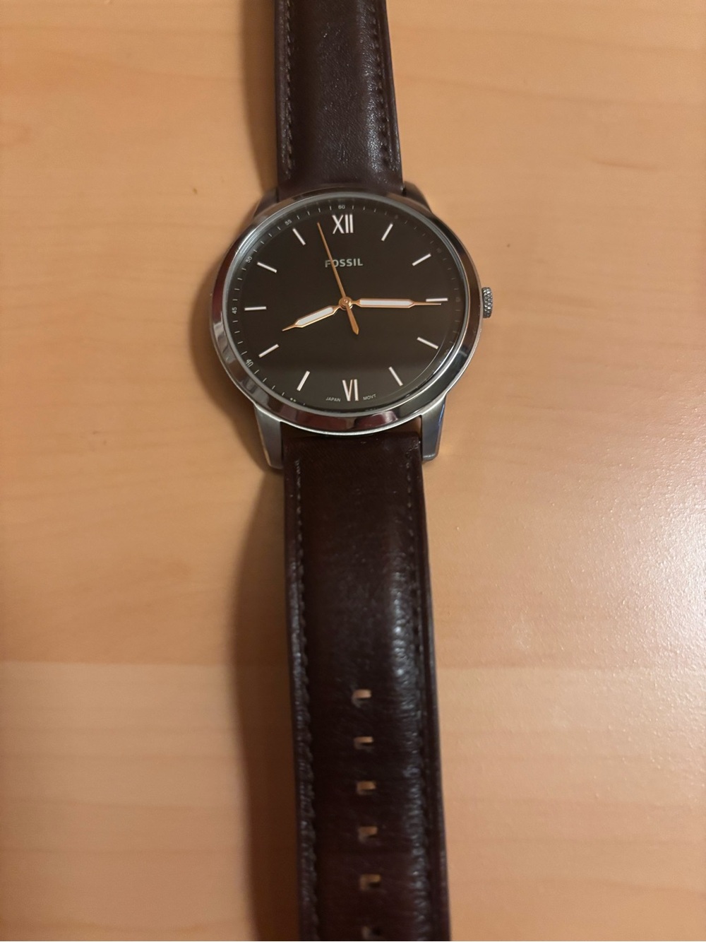 Fossil Men’s Silver Case Watch with dark Brown Leather Strap